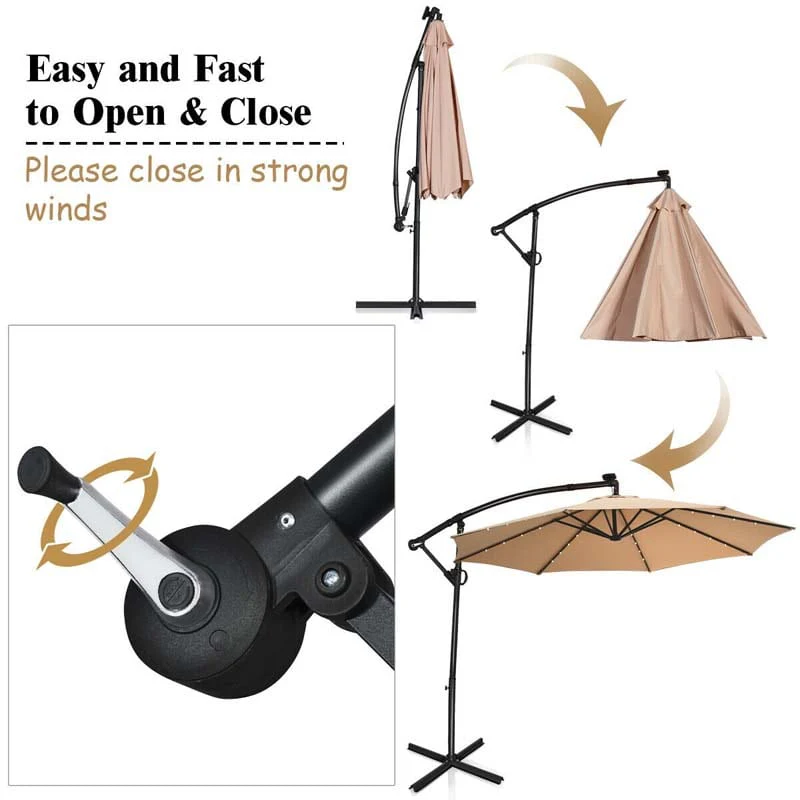10 FT Patio Offset Umbrella with Solar Lights 360�� Rotation Outdoor Market Umbrella with Crank Handle & Cross Base