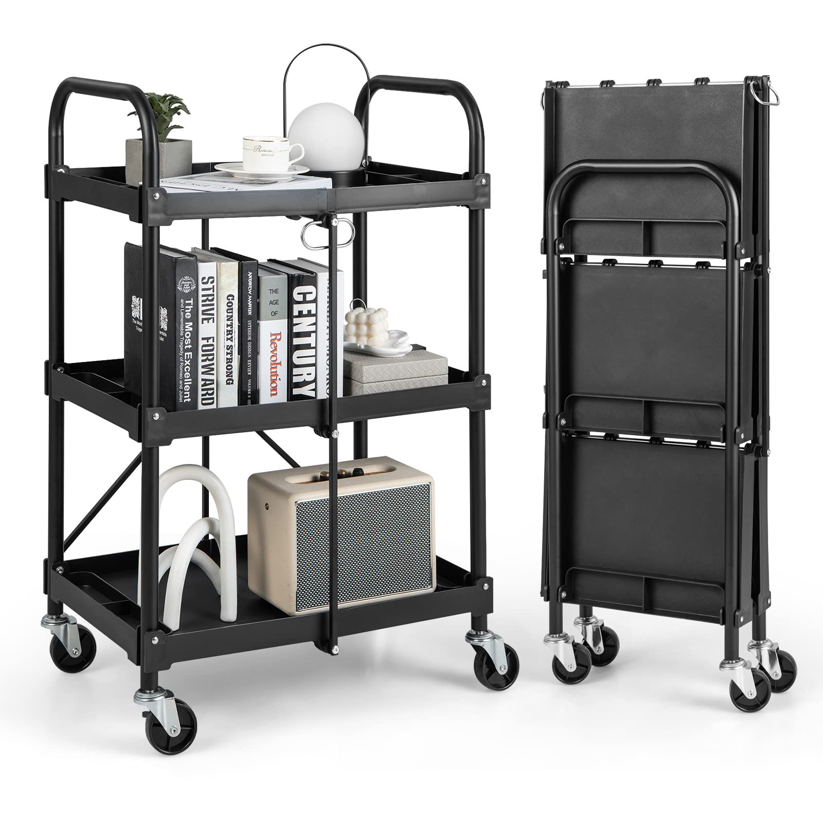 Folding Utility Cart, 3-Tier Rolling Tool Cart with Universal Wheels, 330 LBS Weight Capacity, Black