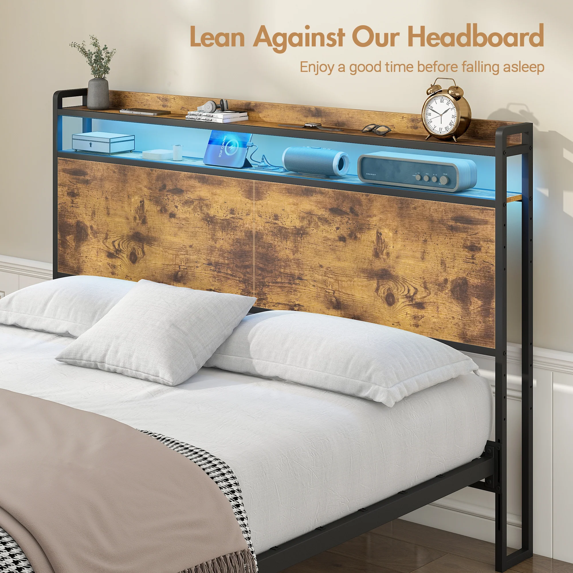 Storage Headboard with LED Light Charging Station