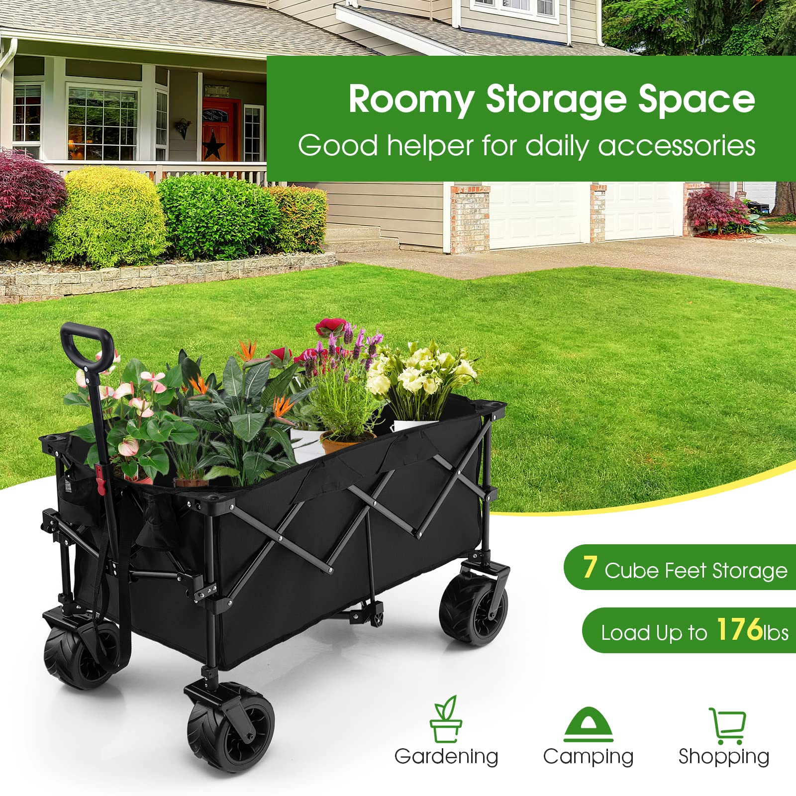 Collapsible Wagon Cart, Foldable Heavy Duty Utility Wagon with Adjustable Handle