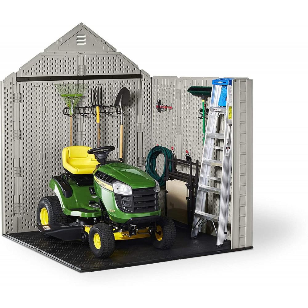 Rubbermaid 7��7 Ft Durable Weather Resistant Resin Outdoor Garden Storage Shed with Windows and Utility Hooks, Sand