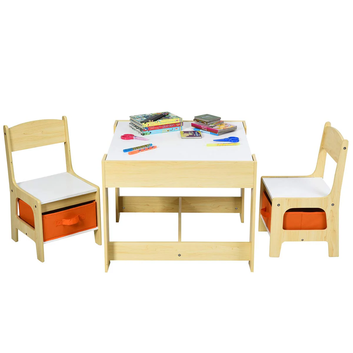 3-in-1 Kids Wood Table Chairs Set with Blackboard & Storage Drawers, Children Multi Activity Table for Learning Playing Drawing