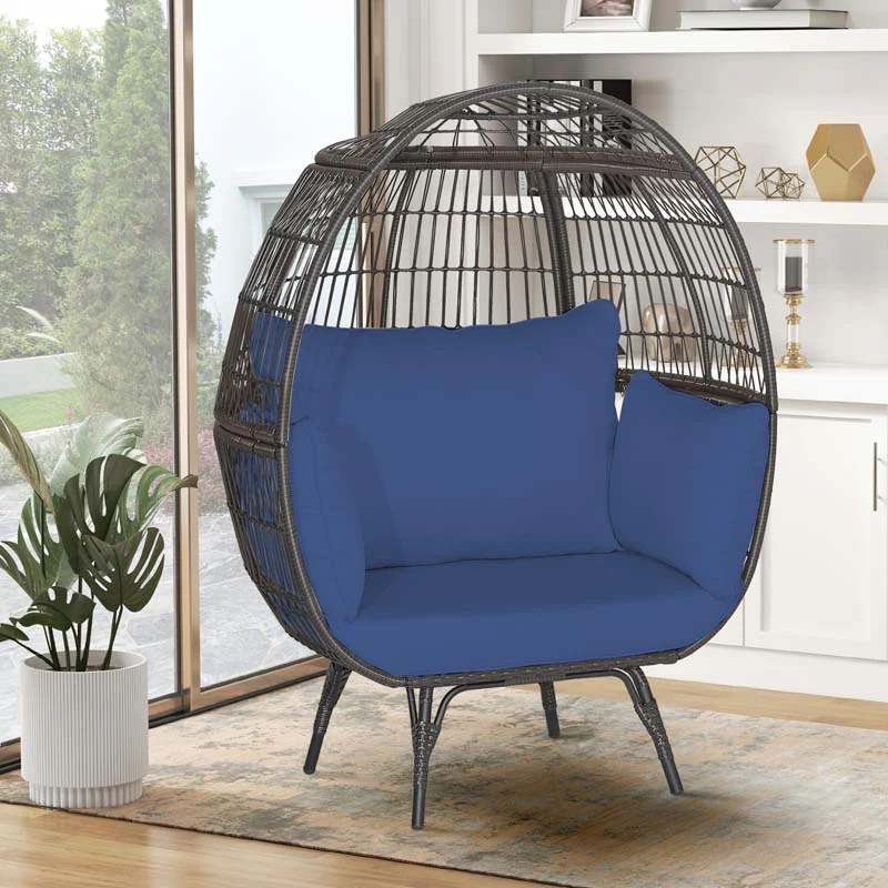 Oversized Wicker Egg Chair with 4 Cushions, Steel Frame Basket Chair Indoor Outdoor Patio Lounge Chair