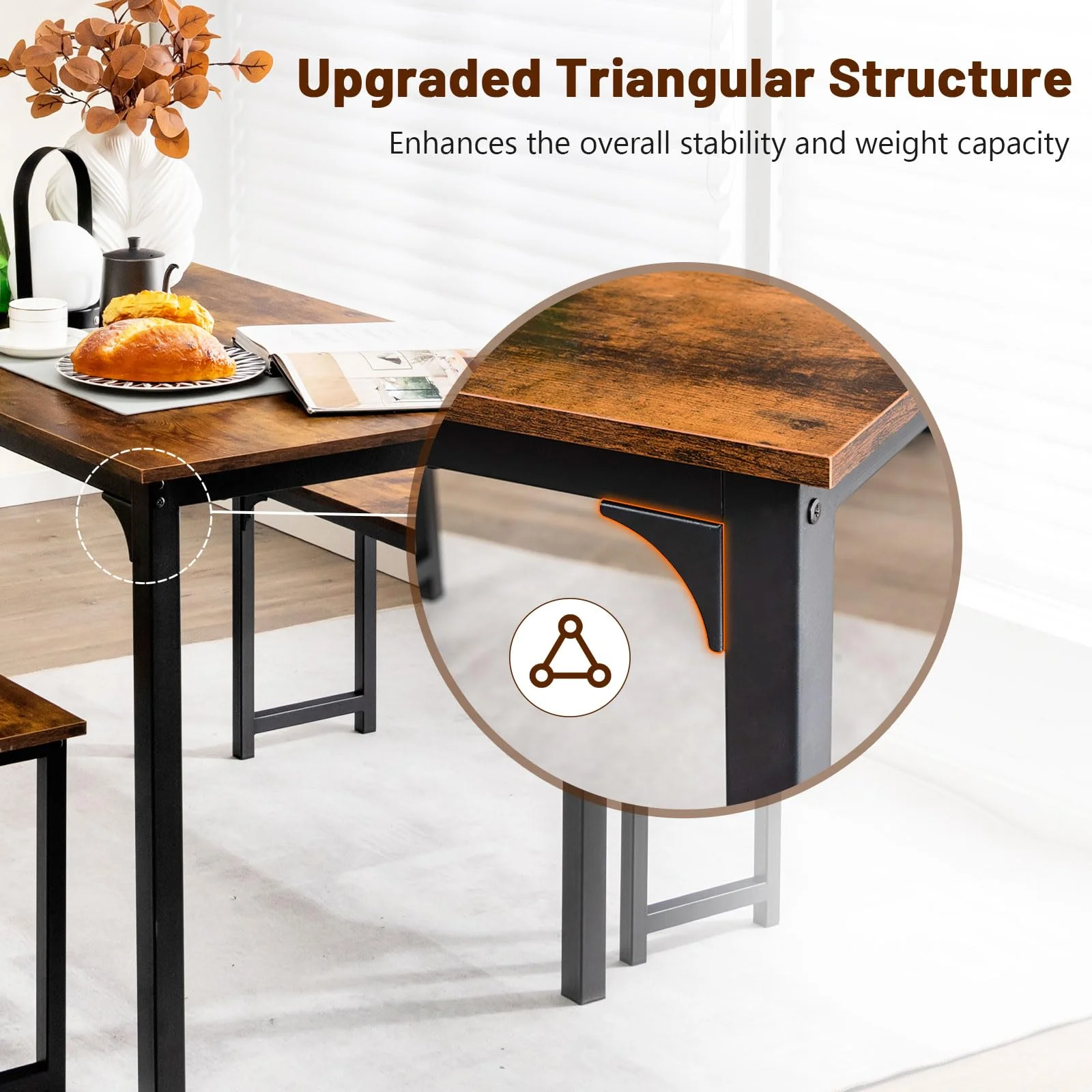 Giantex Dining Table Set for 4, 3 PCS Farmhouse Kitchen & Dining Room Furniture Kit with 2 Benches