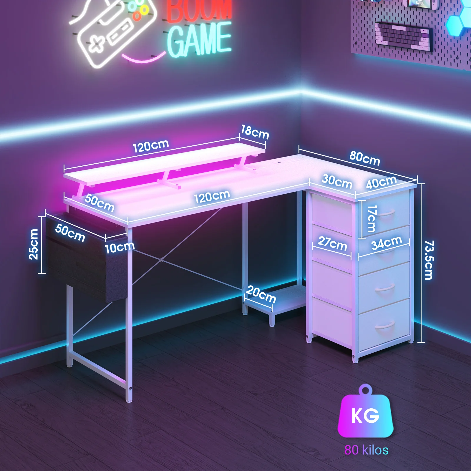 L Shaped Gaming Desk with LED Lights White