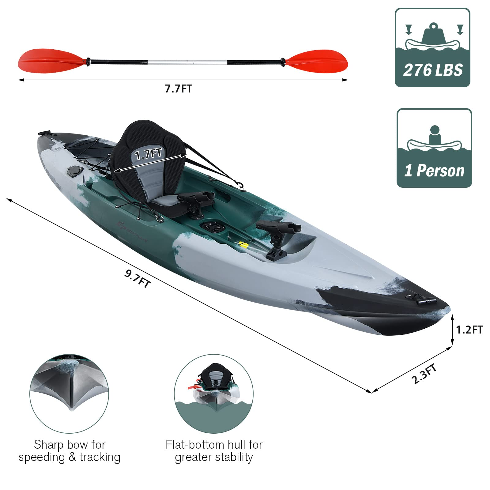 Sit-on-Top Fishing Kayaks for Adults, 9.7 FT One Person Recreational Touring Kayak