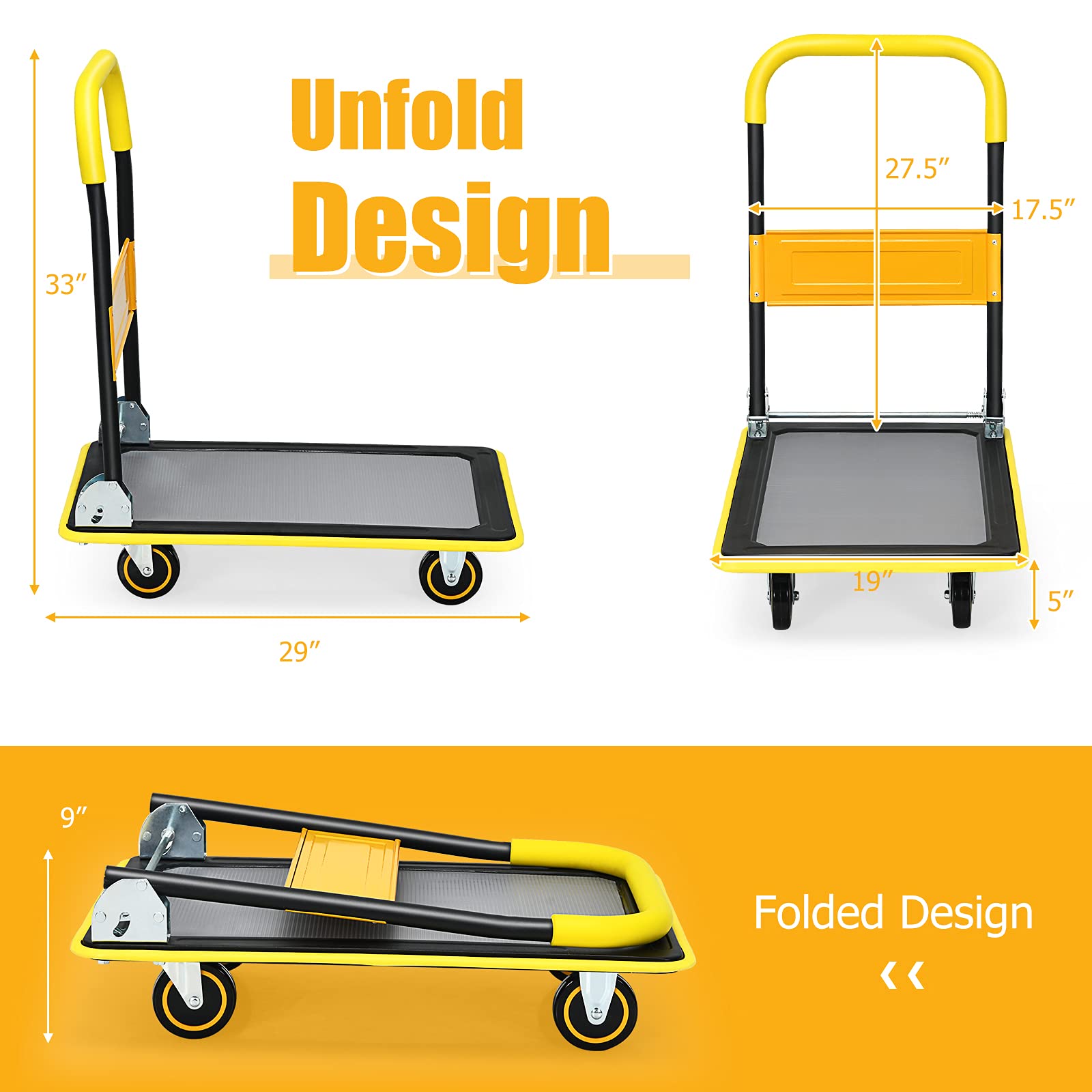Folding Platform Cart, 330LBS Rolling Flatbed Cart Hand Platform Truck Push Dolly for Loading, Yellow
