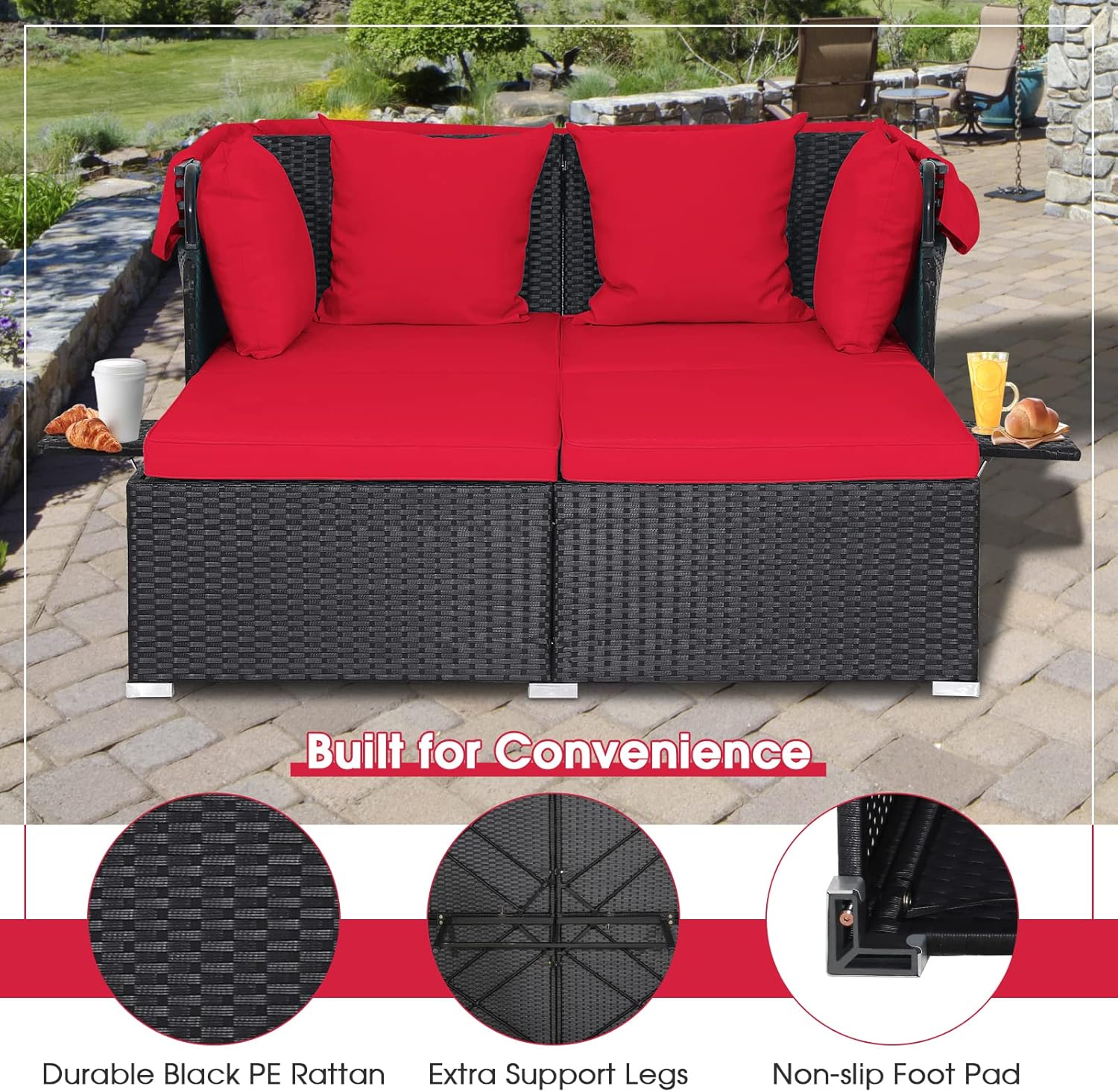 RELAX4LIFE Patio Outdoor Daybed with Canopy, Wicker Sunbed w/Cushions, 4 Pillows & 2 Retractable Side Trays, 2-Person Lounge Bed Conversation for Poolside Porch Garden, Rattan Outdoor Bed (Turquoise)