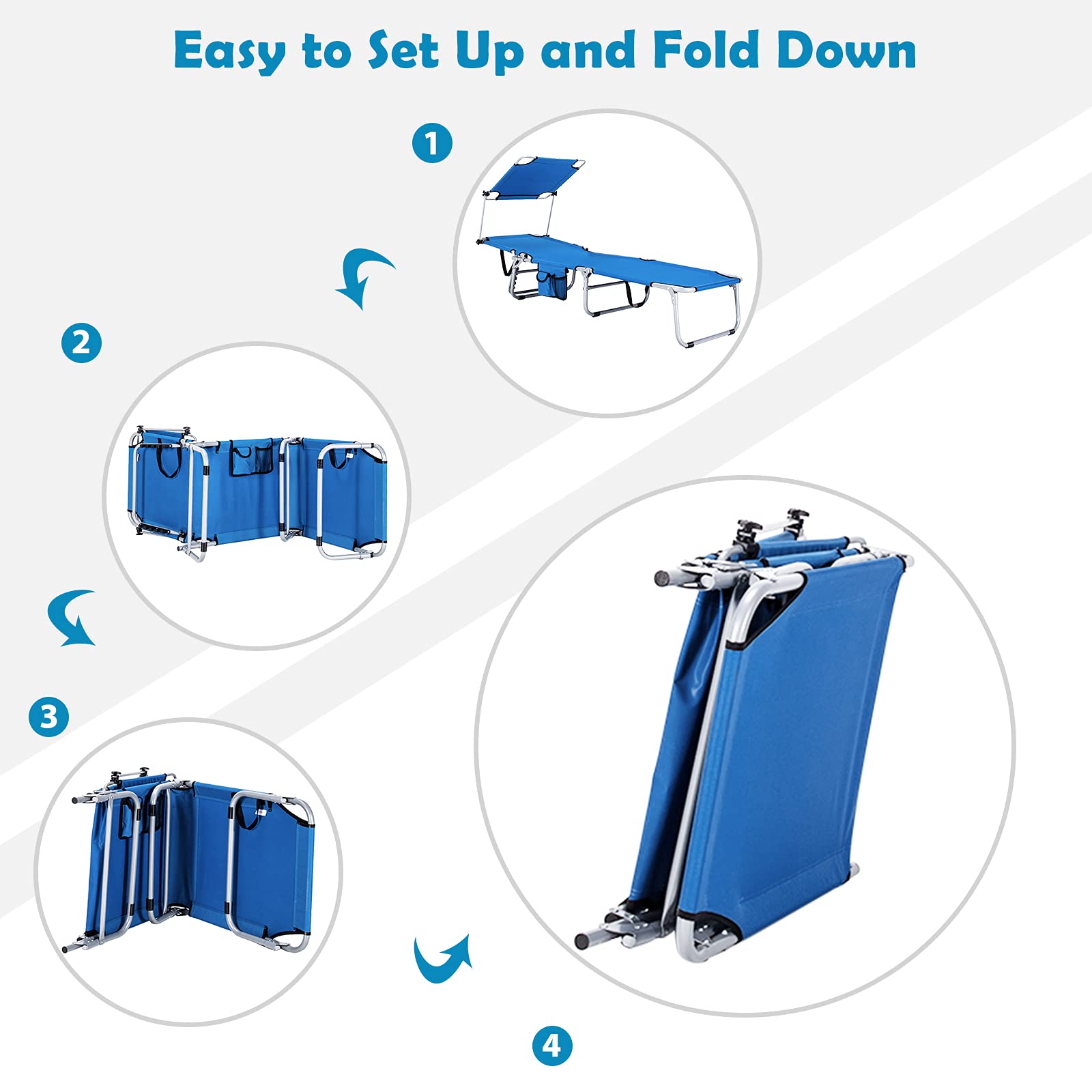 Folding Lounge Chair w/Shade Canopy and Storage Pocket
