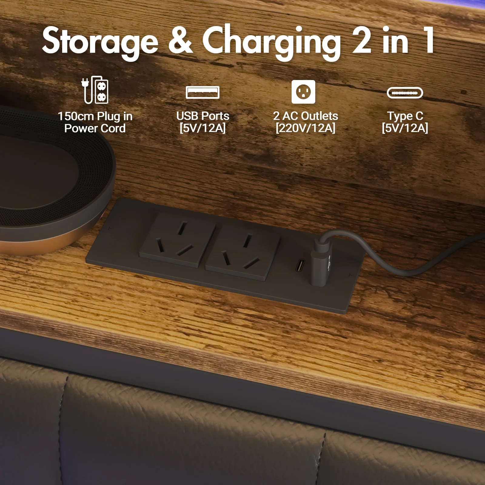 Bed Frame with Charging Station & LED Storage Shelf