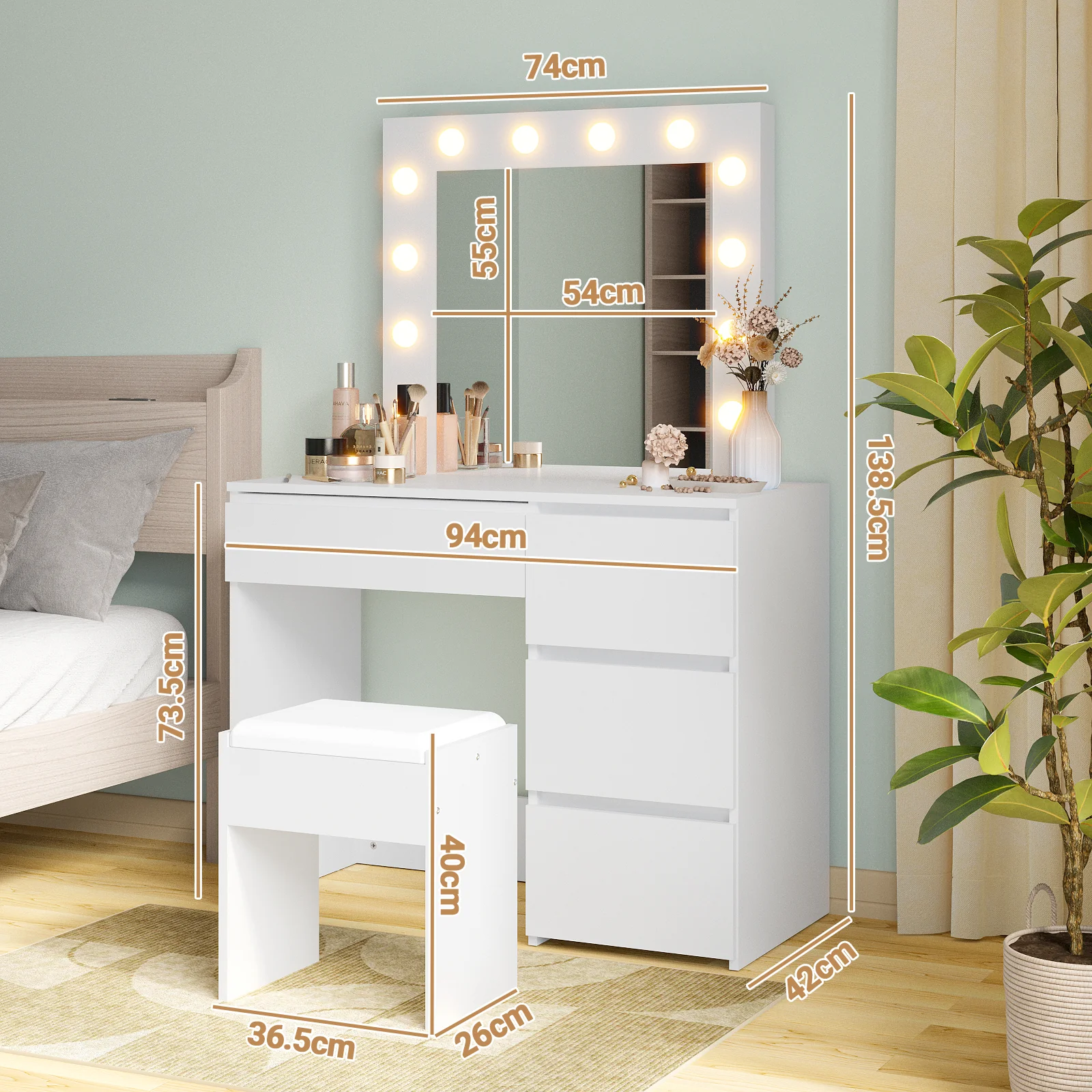 Dressing Table Stool Set 12 LED Bulbs