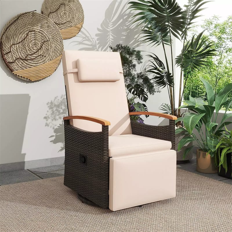 Outdoor 360�� Swivel Rattan Recliner Chair with Adjustable Backrest & Footrest, Patio Wicker Chaise Lounge Chair with Flip Side Table & Cushion