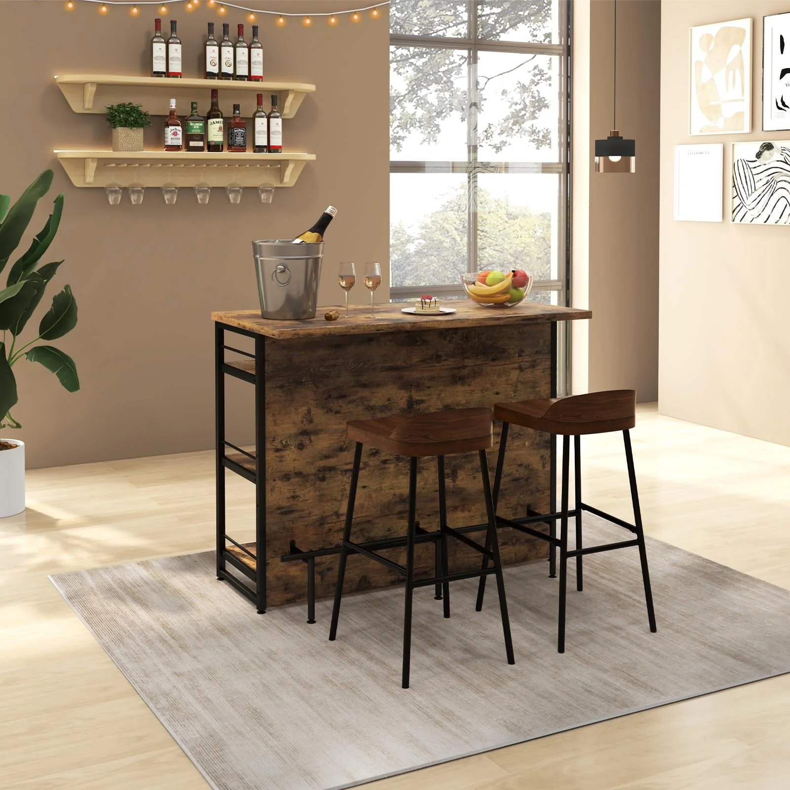 Giantex Industrial Home Bar Unit, 4-Tier Liquor Bar Cabinet w/ 3 Open Shelves