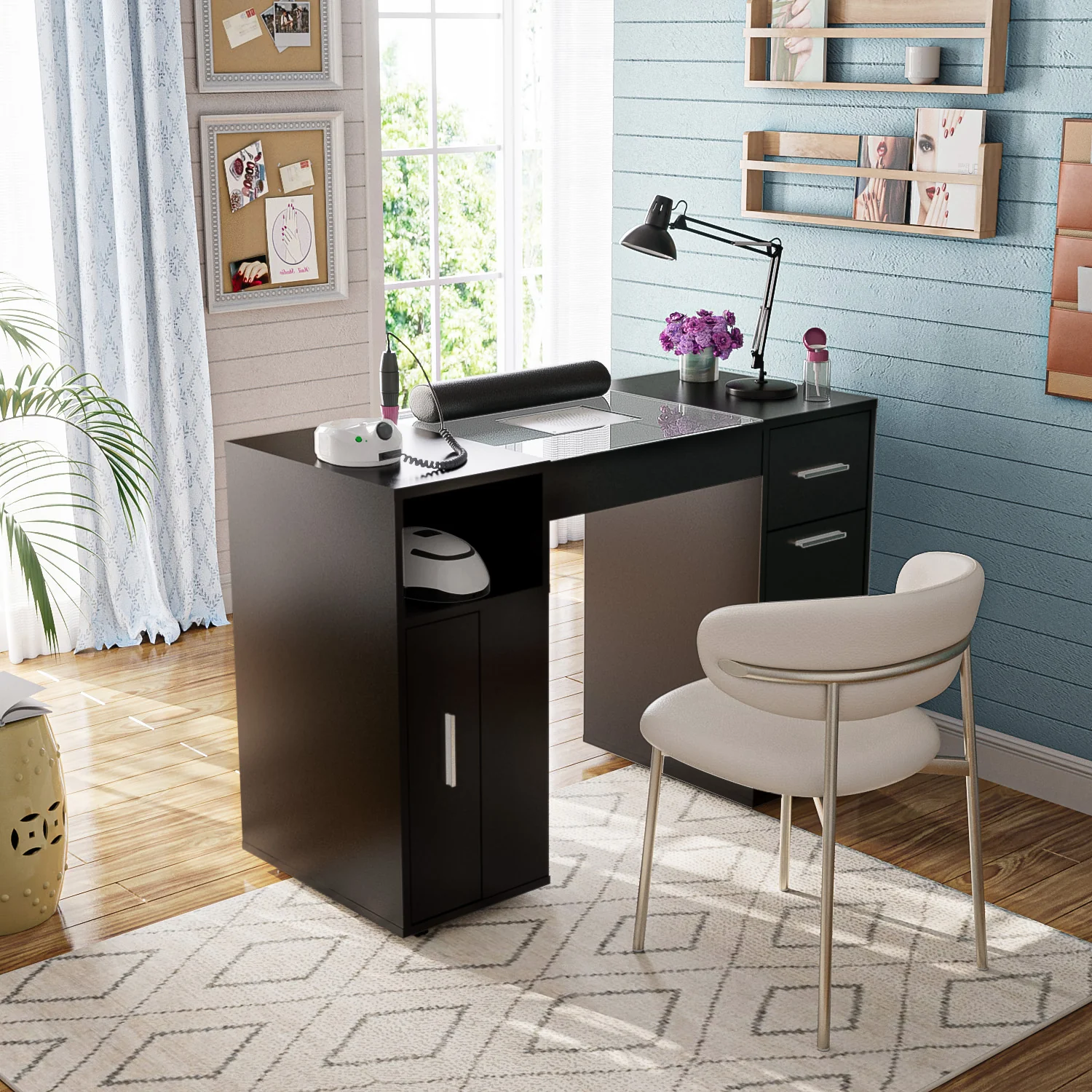 Manicure Table with Glass Top Black