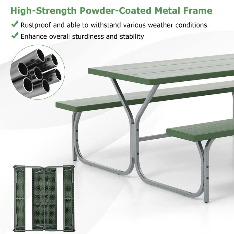 6 FT 8-Person Outdoor Large Picnic Table Bench Set with Umbrella Hole, Metal Frame, All-Weather HDPE Tabletop
