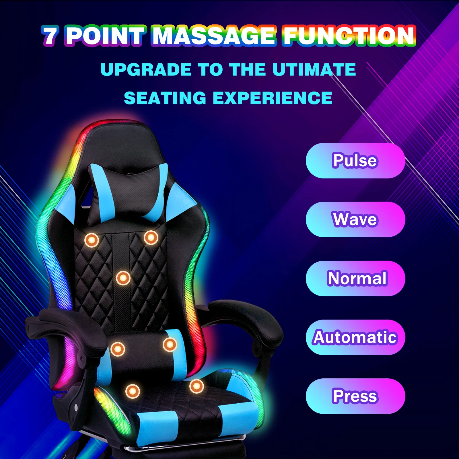 Gaming Chair 12 RGB LED Massage Chair Blue