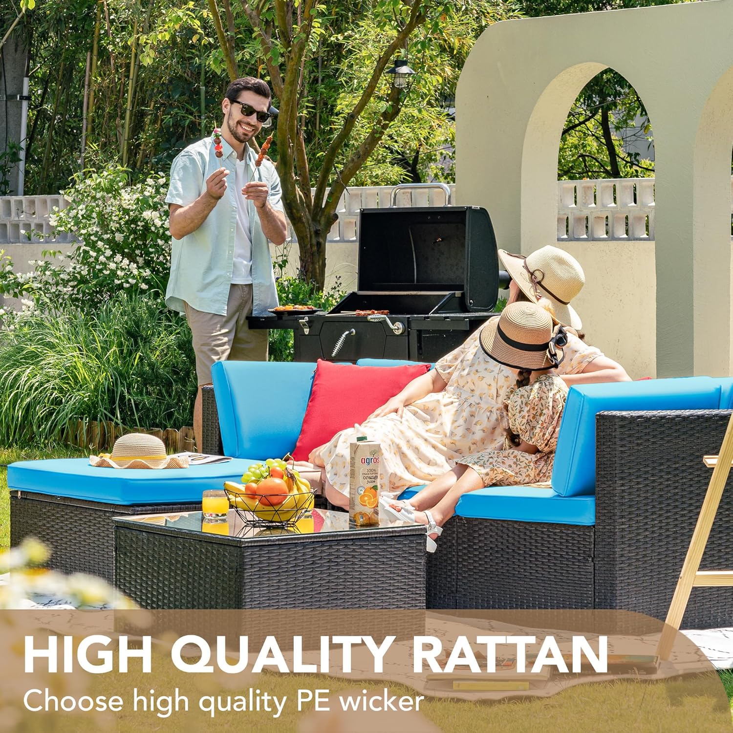 Devoko 5 Pieces Patio Furniture Sets All Weather Outdoor Sectional Patio Sofa Manual Weaving Wicker Rattan Patio Seating Sofas with Cushion and Glass Table(Beige)