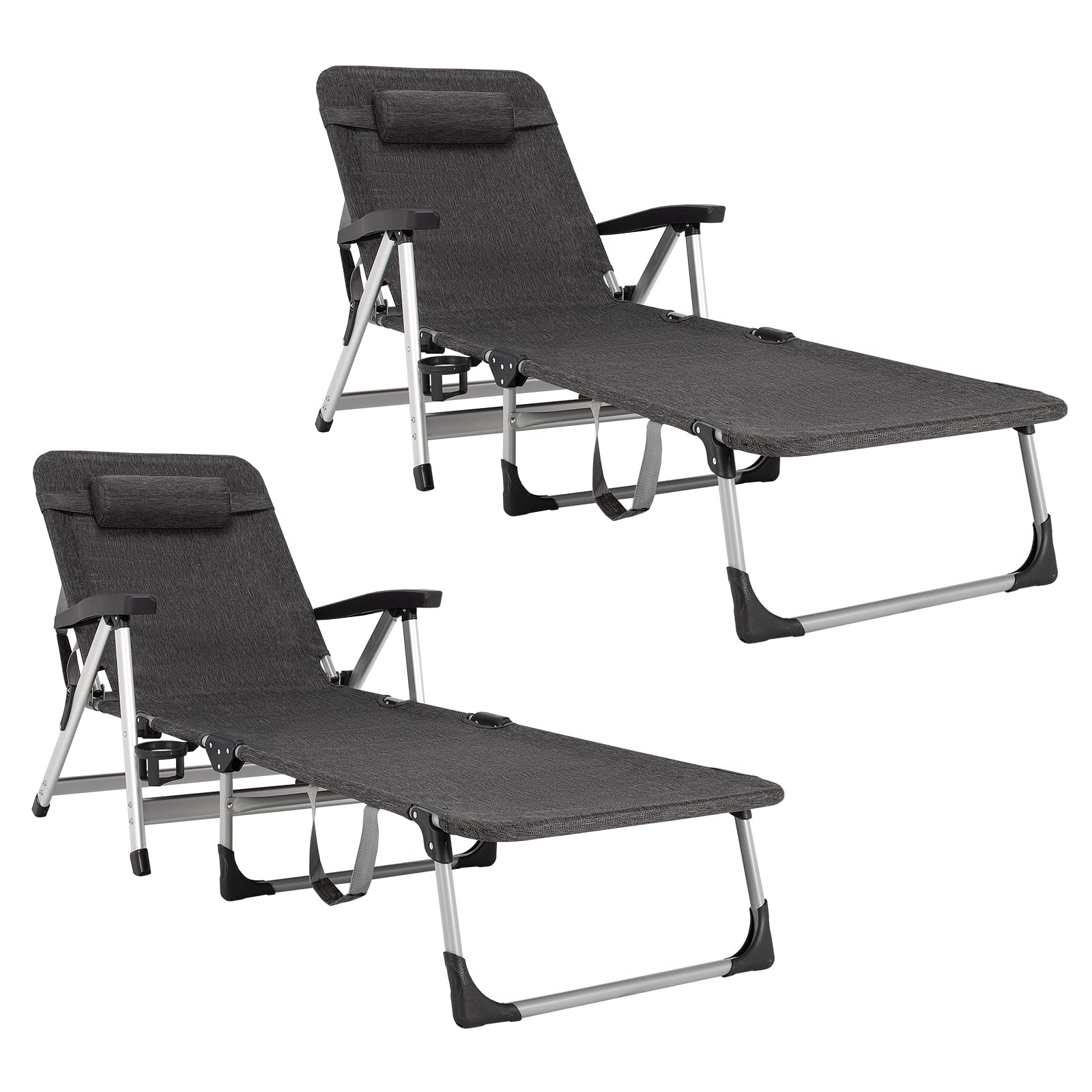 Chaise Lounge Chair, Folding Outdoor Patio Lounger with Cup Holder & Detachable Headrest