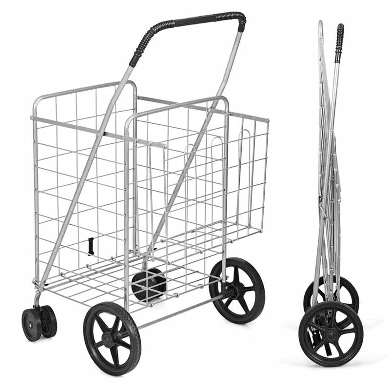 Jumbo Folding Shopping Cart Large Rolling Grocery Utility Cart with Double Basket & 360�� Swivel Wheels