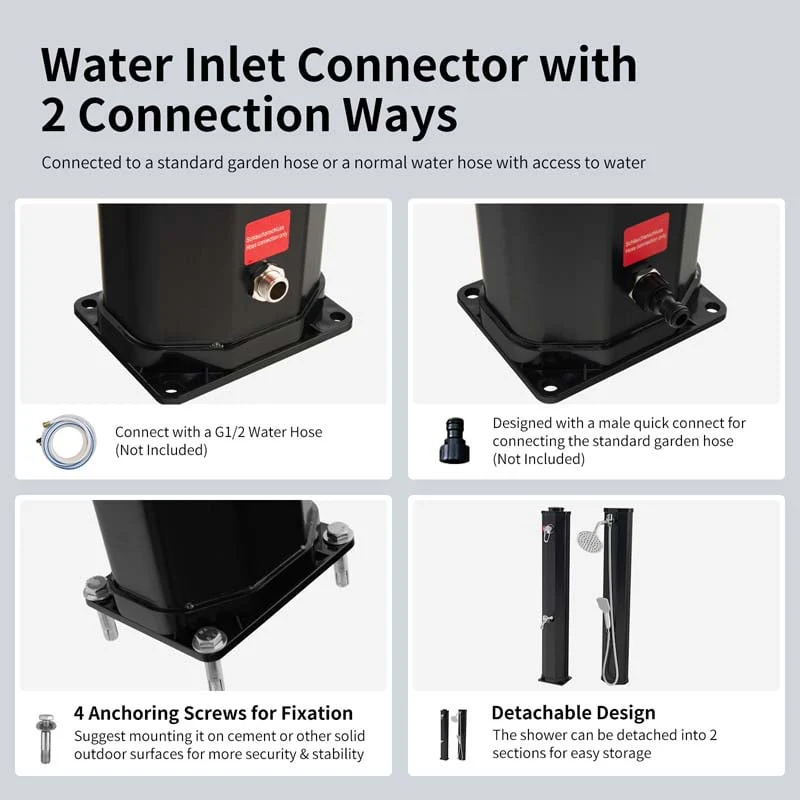 7.2 FT 9.3 Gal Solar Heated Shower with Handheld Shower Head, 2-Section Outdoor Shower for Poolside Beach Spa