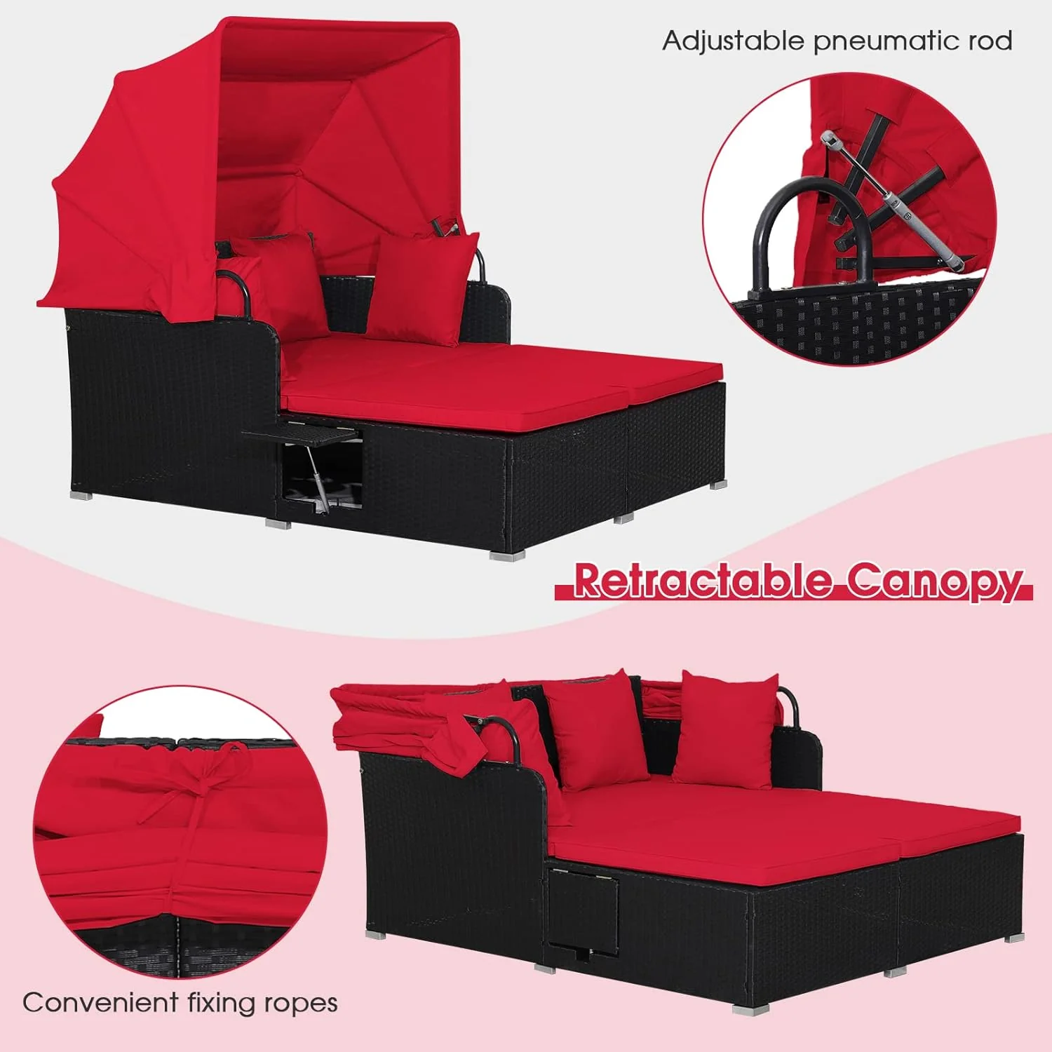 RELAX4LIFE Patio Outdoor Daybed with Canopy, Wicker Sunbed w/Cushions, 4 Pillows & 2 Retractable Side Trays, 2-Person Lounge Bed Conversation for Poolside Porch Garden, Rattan Outdoor Bed (Turquoise)