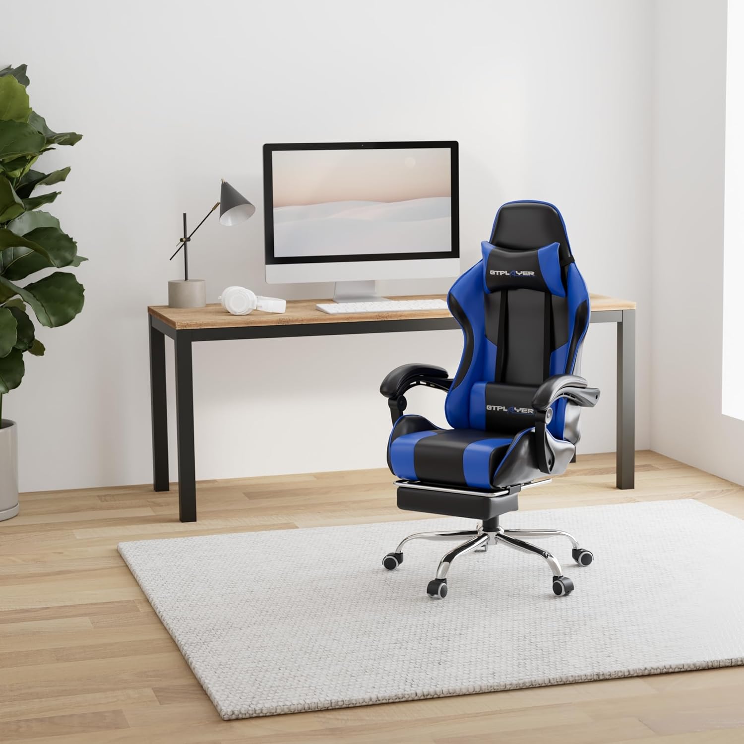 GTPLAYER Gaming Chair, Computer Chair with Footrest and Lumbar Support, Height Adjustable Game Chair with 360  -Swivel Seat and Headrest and for Office or Gaming (White)