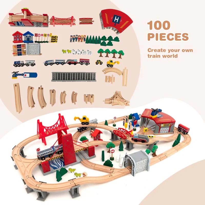 2-in-1 Wooden Toddler Train Table Kids Activity Table Set with Storage, 100 Multicolor Pieces, Tracks, Trains, Cars, Reversible Tabletop