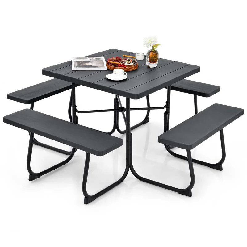 8 Person HDPE Outside Table & Bench Set, Outdoor Square Picnic Table with 4 Built-in Benches, Umbrella Hole, Metal Frame