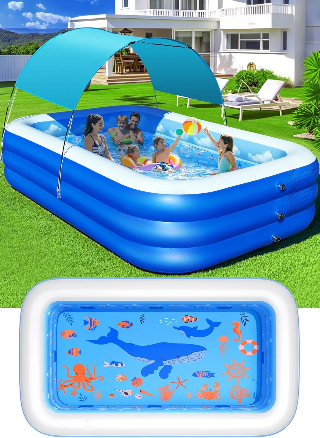 Inflatable Pool with Canopy,Upgraded Inflatable Swimming Pool for Kids,Adult,Large Inflatable Blow up Pools,Ocean Theme Oversized Thickened 105