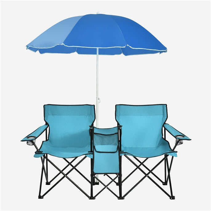 Double Folding Picnic Chairs Umbrella Mini Table Beverage Holder Carrying Bag