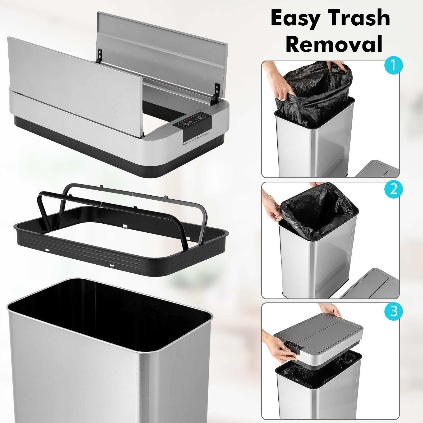 Slim Kitchen Trash Can, 13.2 Gallon Motion Sensor Garbage Bin with Wing Lids, Anti-Fingerprint Touchless Waste Bin
