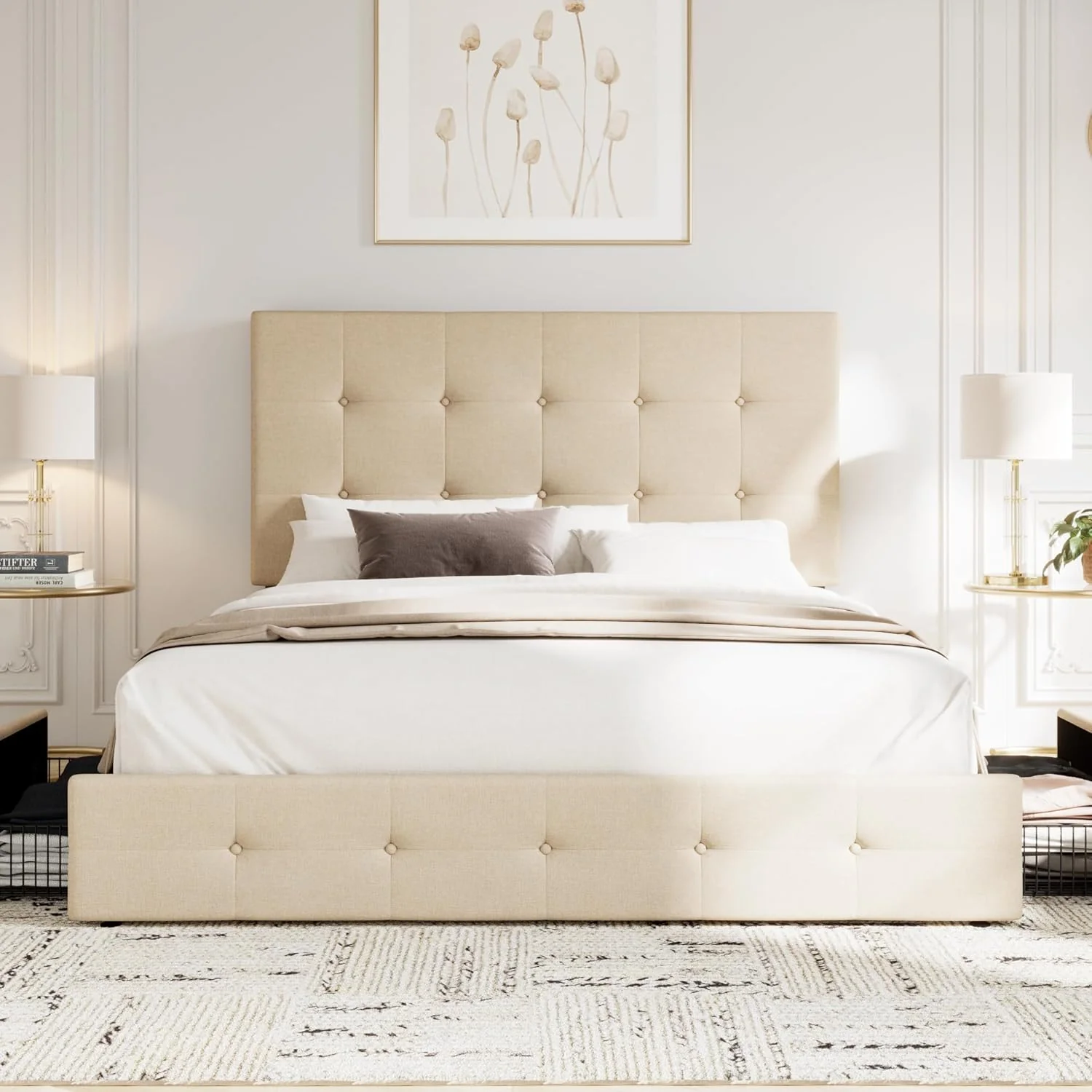 Allewie Upholstered Queen Size Platform Bed Frame with 4 Storage Drawers and Headboard, Square Stitched Button Tufted, Mattress Foundation with Wooden Slats Support, No Box Spring Needed, Light Grey