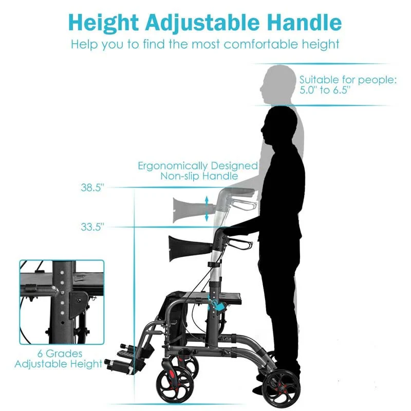 2 in 1 Rollator Walker Wheelchair Folding Medical Walker, Aluminum Transport Chair Mobility Walking Aid