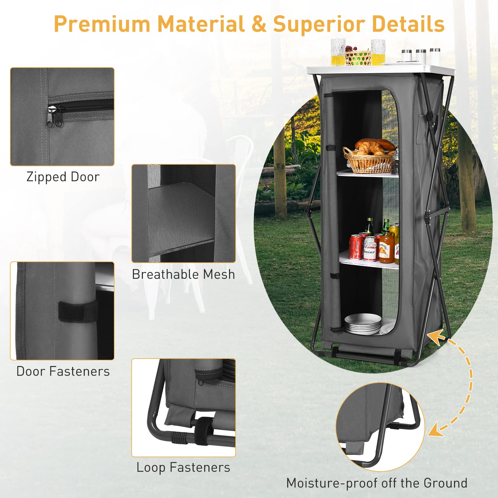 Folding Camping Storage Cabinet, Pop Up Outdoor Camping Kitchen Station with Large 3-Tier Storage Organizer