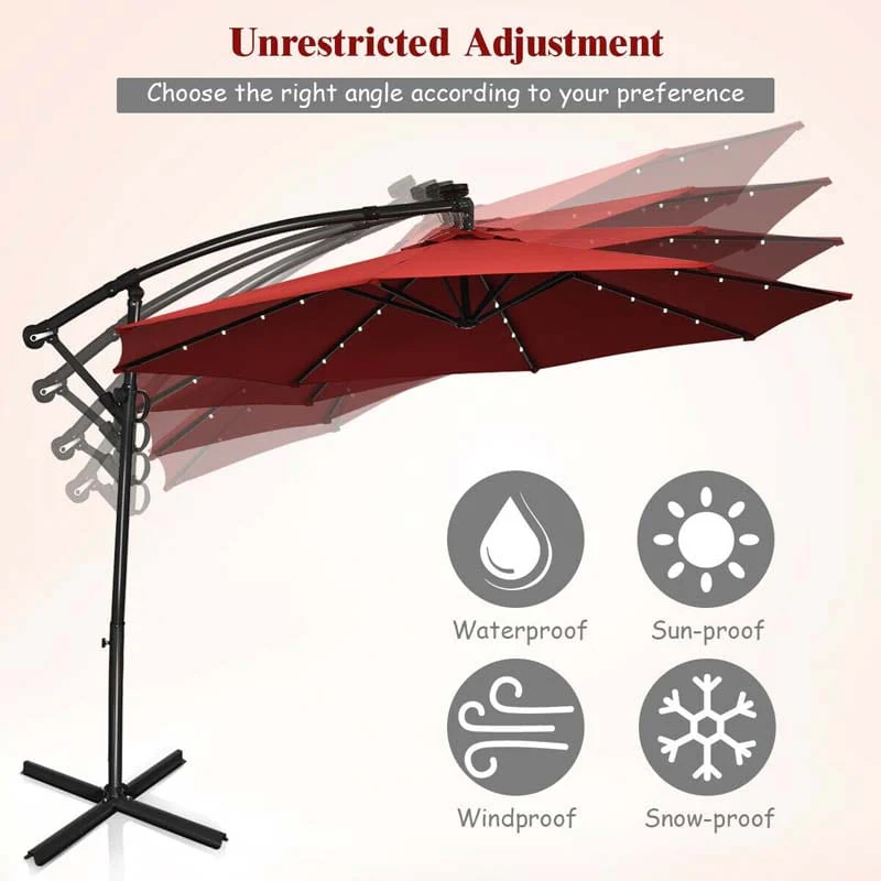 10 FT Patio Offset Umbrella with Solar Lights 360�� Rotation Outdoor Market Umbrella with Crank Handle & Cross Base