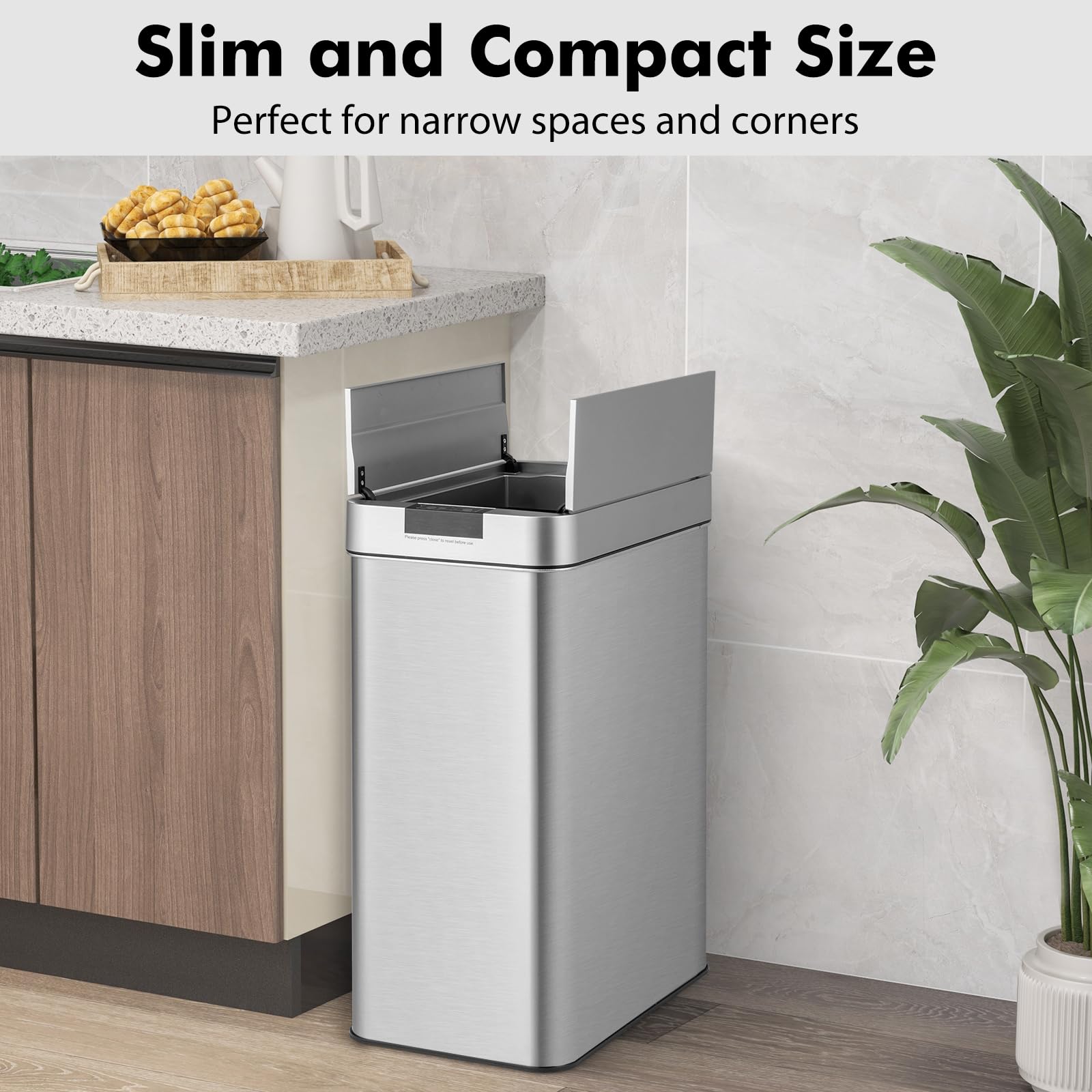 Slim Kitchen Trash Can, 13.2 Gallon Motion Sensor Garbage Bin with Wing Lids, Anti-Fingerprint Touchless Waste Bin