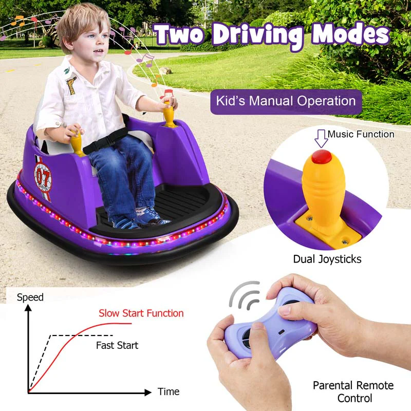 12V Toddler Bumping Car, Battery Powered Baby Ride on Bumper Car with Dual Joysticks, Flashing LED Light & 360 Degree Spin