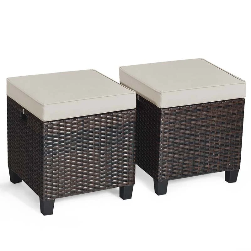 2 Pcs Rattan Patio Ottoman Set with Removable Cushions, All Weather Wicker Outdoor Footstool Footrest Seat
