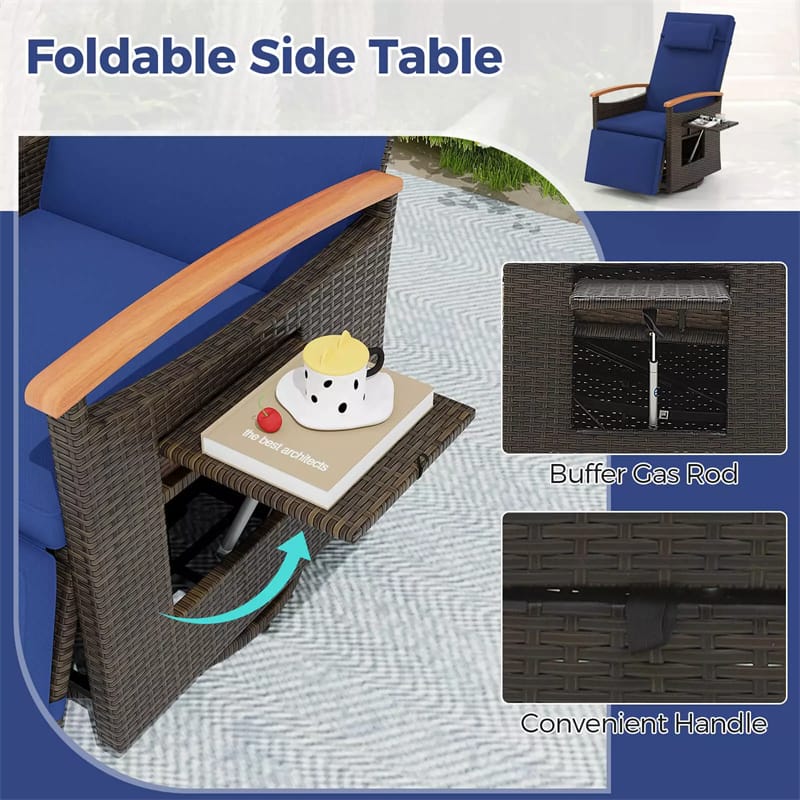 Outdoor 360?? Swivel Rattan Recliner Chair with Adjustable Backrest & Footrest, Patio Wicker Chaise Lounge Chair with Flip Side Table & Cushion