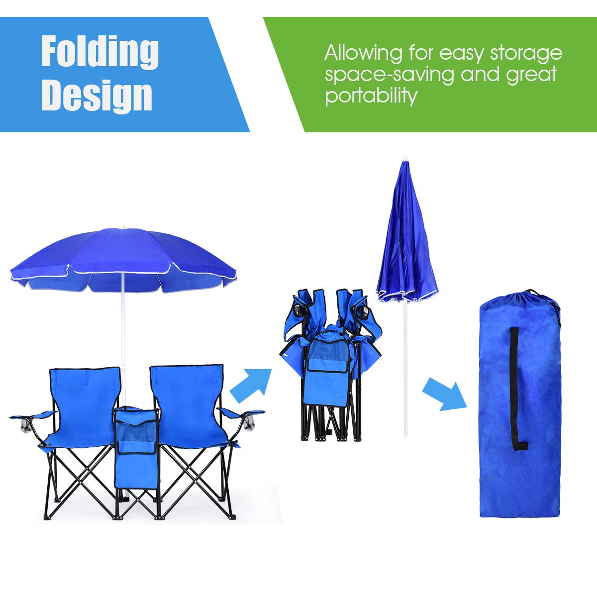 Double Folding Picnic Chairs Umbrella Mini Table Beverage Holder Carrying Bag