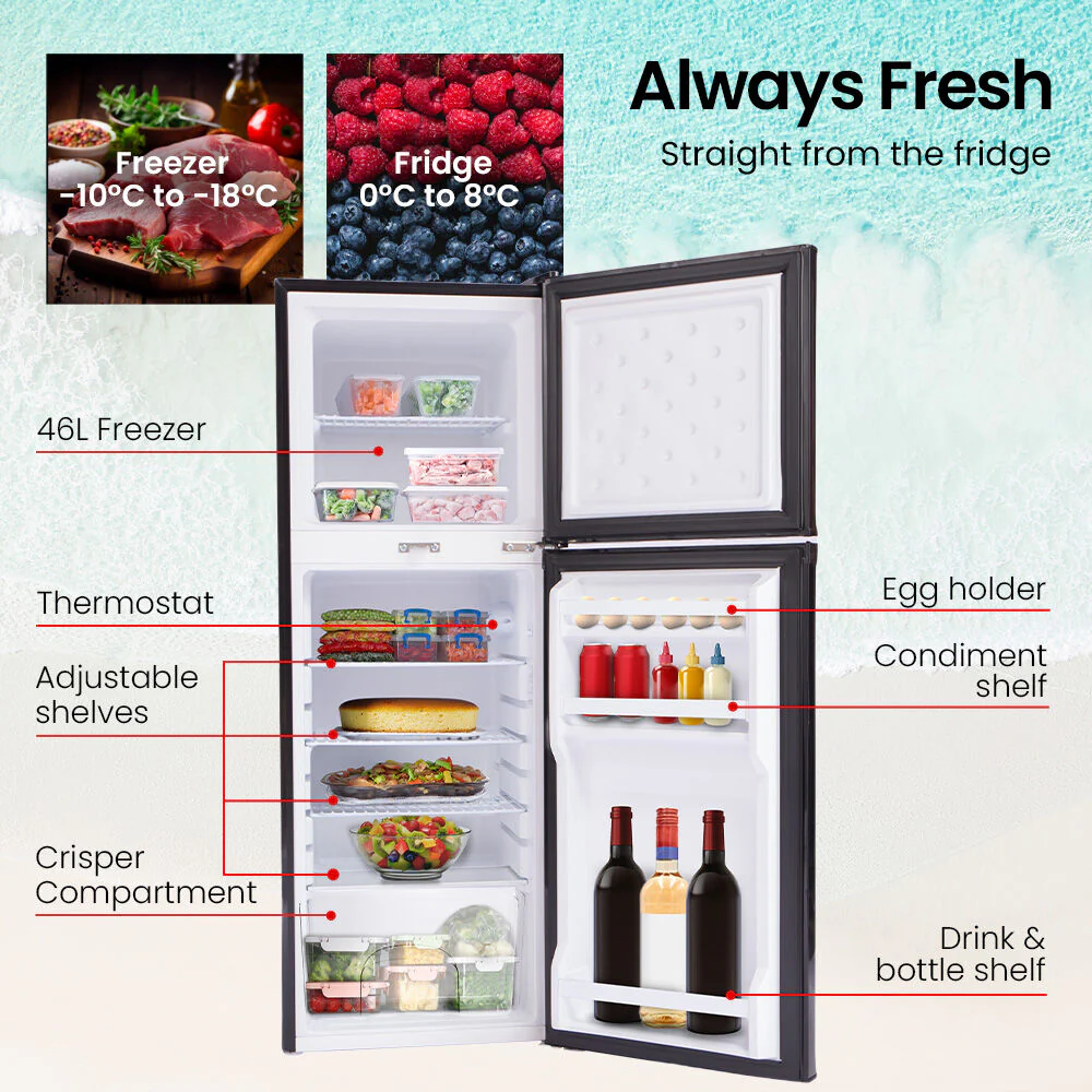 GECKO 142L Upright Portable Fridge / Freezer, 12V/24V/240V for Motorhome and Caravan, Black