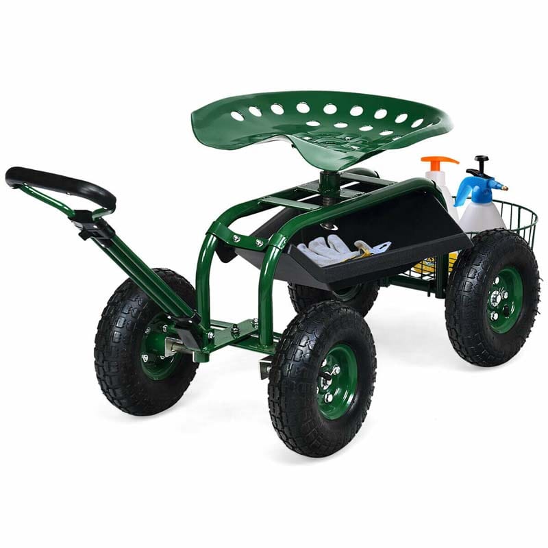 Heavy Duty Rolling Garden Cart Workseat with Tool Tray, 360 Swivel Seat, Storage Basket, Extendable Steering Handle
