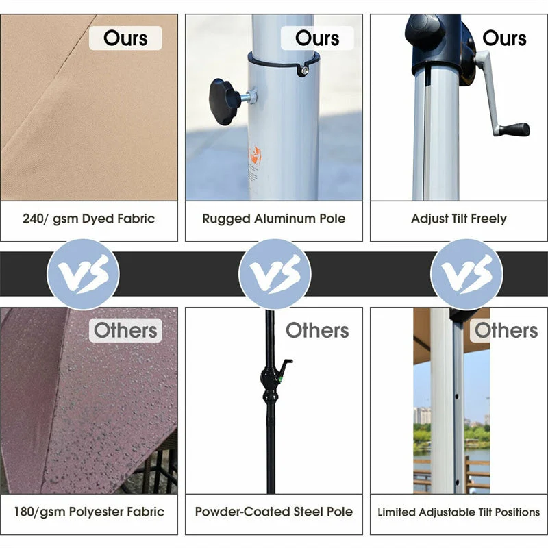 11 FT Patio Offset Cantilever Umbrella 360�� Rotation Tilt with Cross Base & Crank Handle