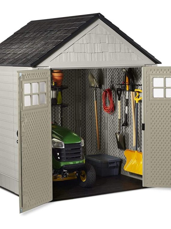 Rubbermaid 7��7 Ft Durable Weather Resistant Resin Outdoor Garden Storage Shed with Windows and Utility Hooks, Sand