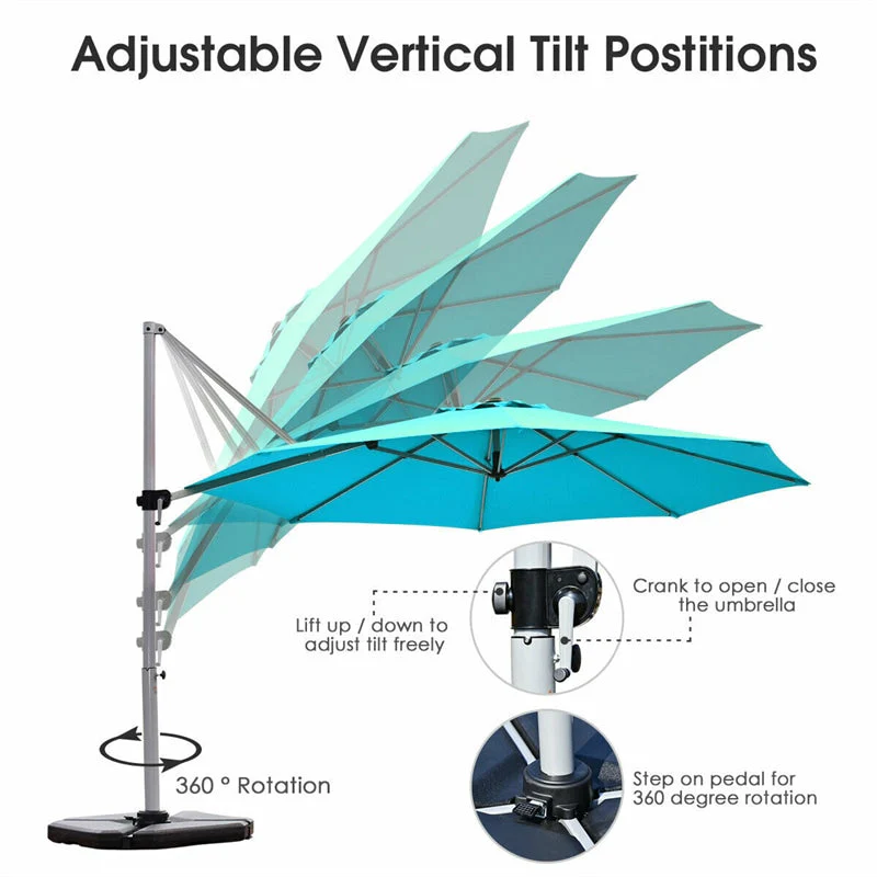 11 FT Patio Offset Cantilever Umbrella 360�� Rotation Tilt with Cross Base & Crank Handle