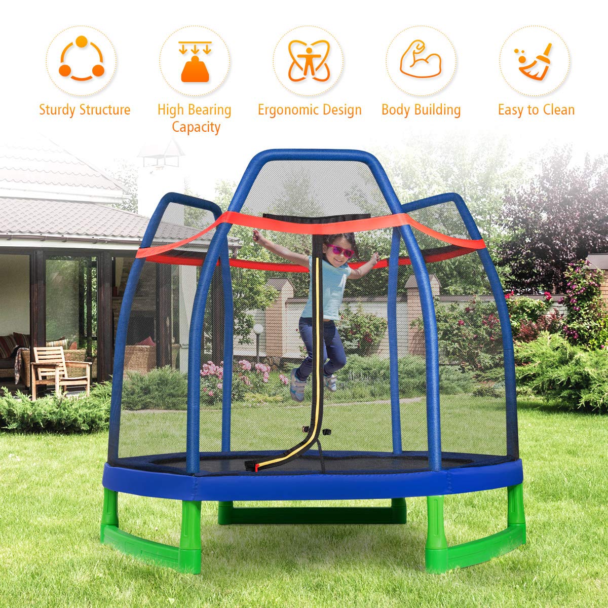 7FT Kids Trampoline with Safety Enclosure Net
