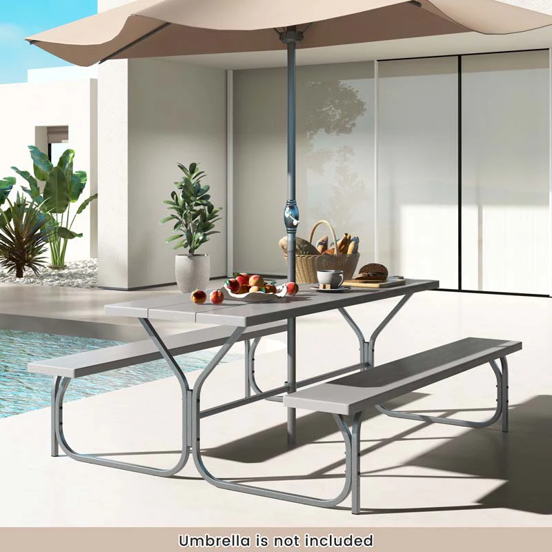 6 FT 8-Person Outdoor Large Picnic Table Bench Set with Umbrella Hole, Metal Frame, All-Weather HDPE Tabletop