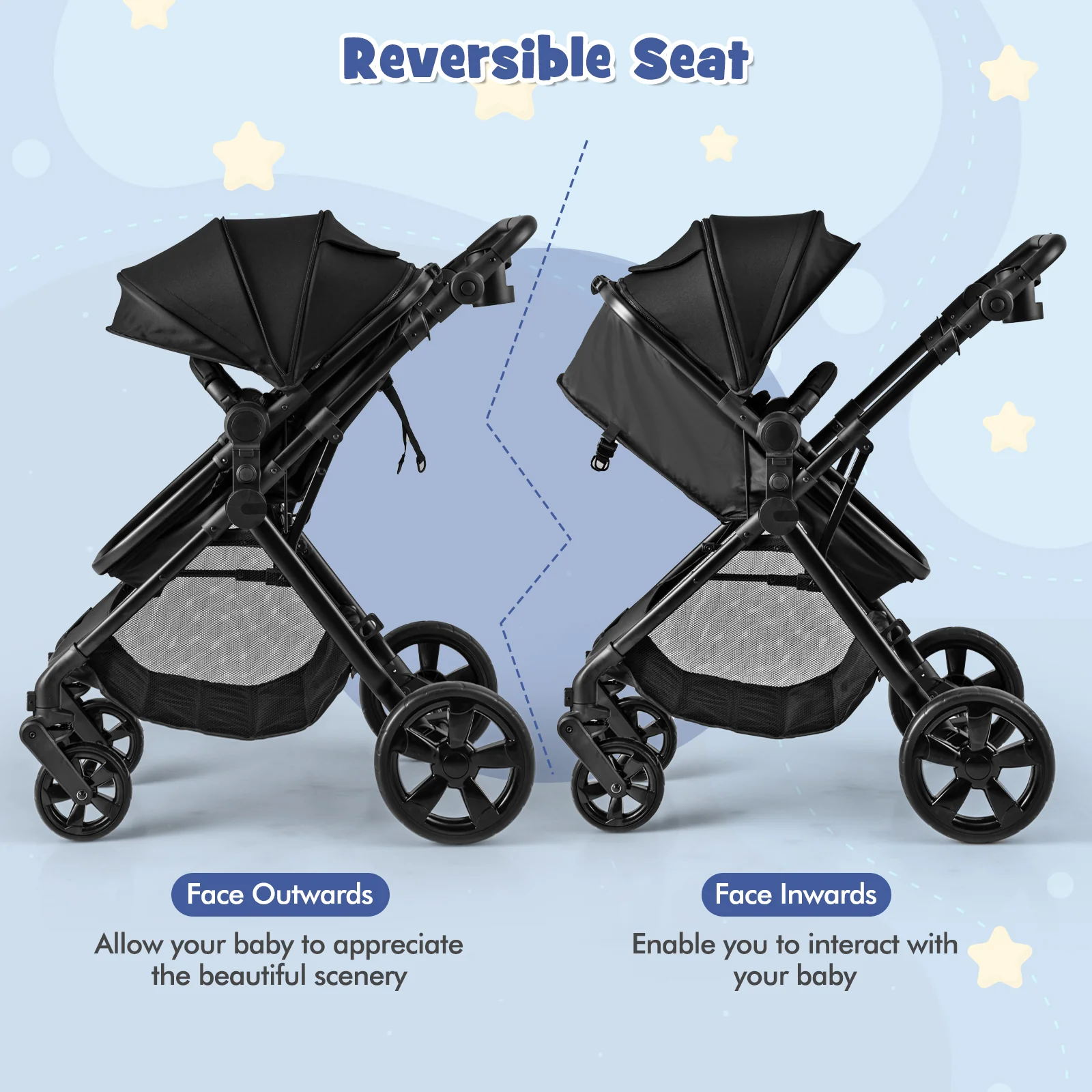 2-in-1 Convertible Baby Stroller, Foldable Infant Carriage with Reversible Seat