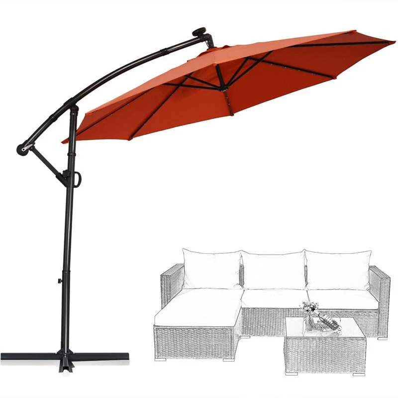 10 FT Patio Offset Umbrella with Solar Lights 360�� Rotation Outdoor Market Umbrella with Crank Handle & Cross Base