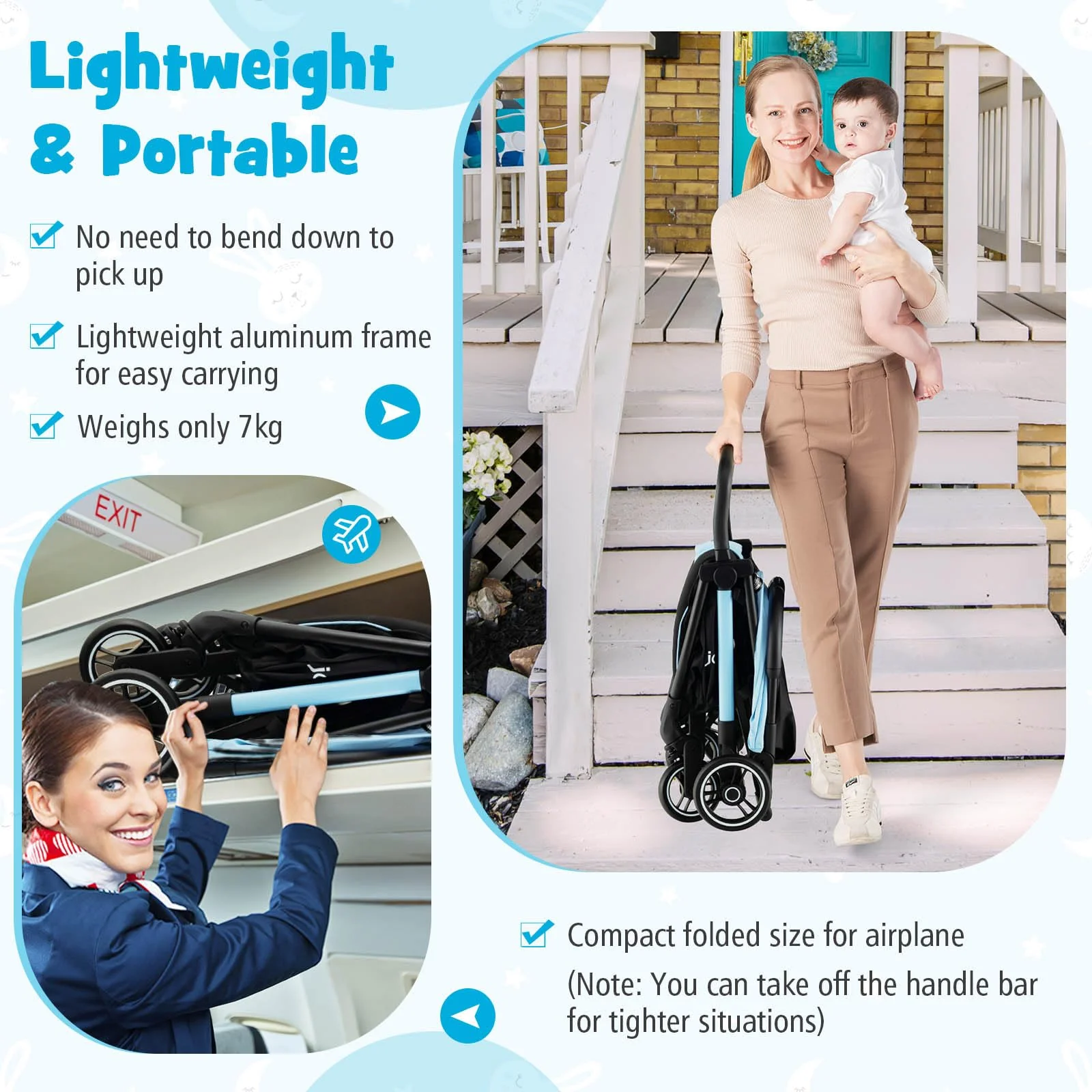 Compact Travel Stroller for Airplane Infant Toddler Stroller w/Adjustable Backrest & Canopy